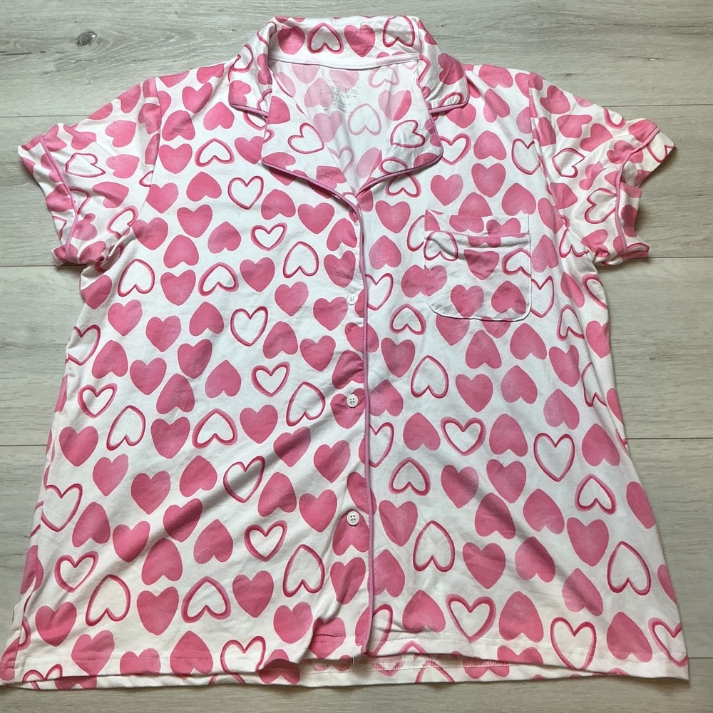 Tahari Two Piece Short Sleeve Pajama Set XL Pink White Heart Print PreLoved